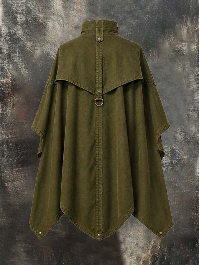 Men's Vintage-Style Distressed Workwear-Inspired Stand-Collar Cape/Cloak