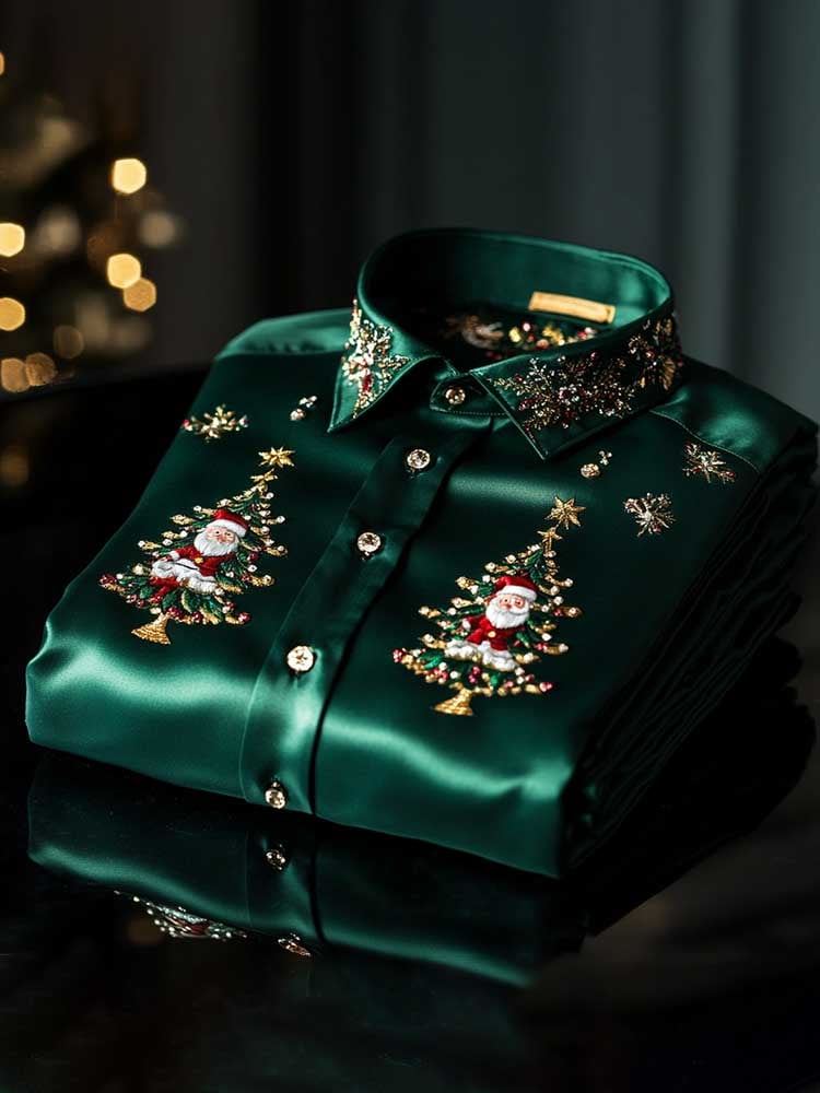 Men's Christmas Satin Luxe Long Sleeve Button Down Shirt