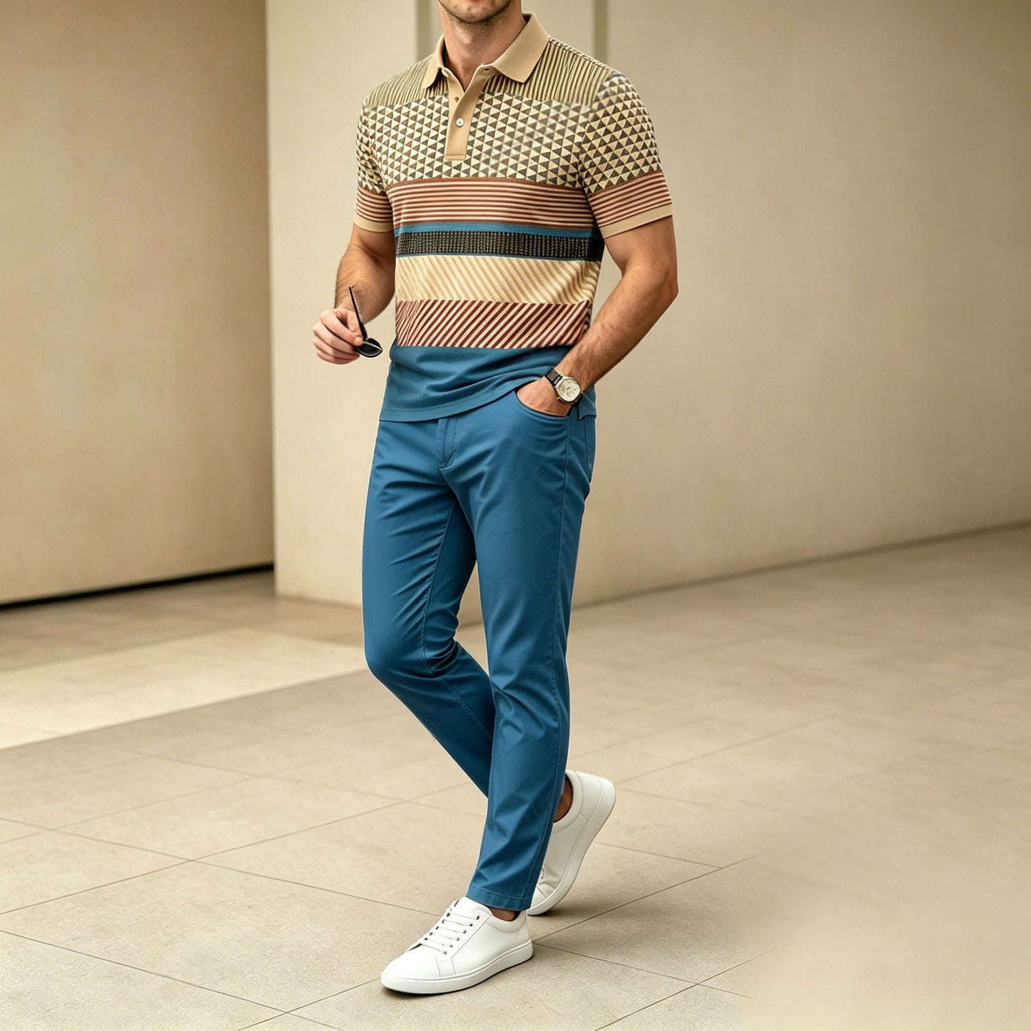 Men's Casual Khaki Stripes Printed Polo Shirt And Pants Two-Piece Set