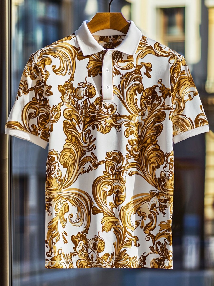 Men's Business Casual Baroque Art Button Short Sleeve Polo Shirt