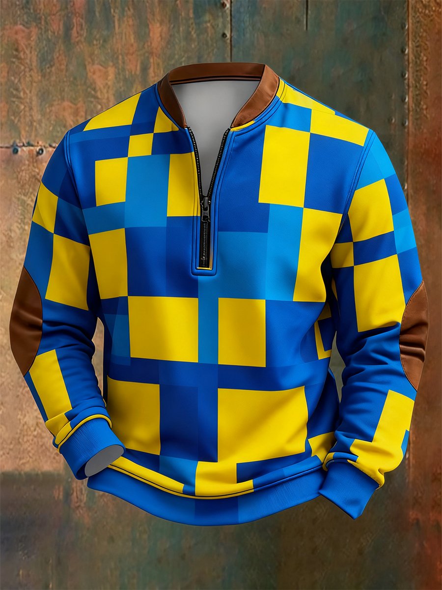 Men's Retro Bauhaus Geometric Style Print Quarter Zip Sweatshirt
