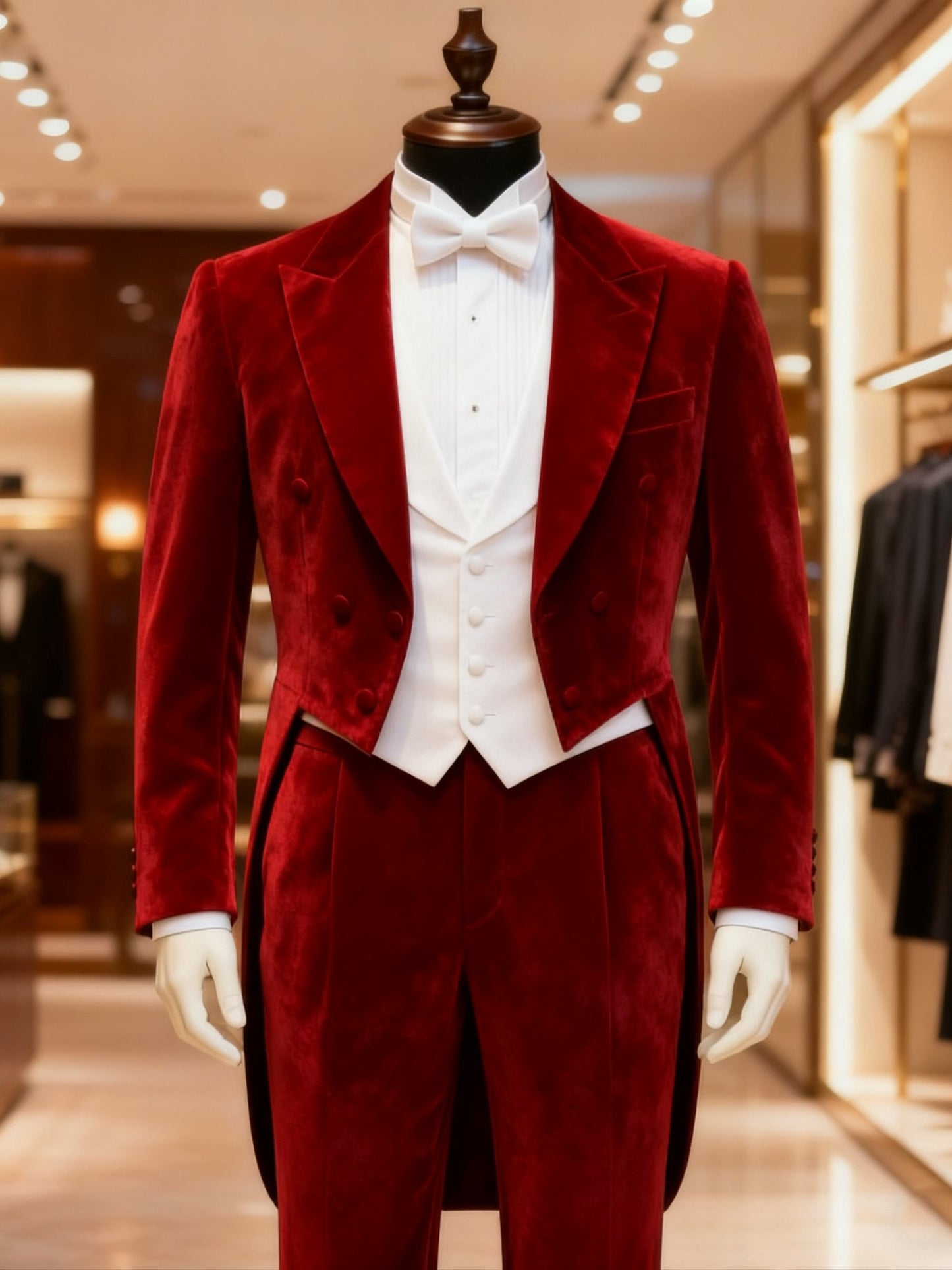 Men's Business Check Print Tuxedo Dinner Suit White Tie Red Velvet Tailcoat