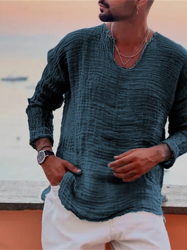 Men's Linen Shirt Summer Shirt Beach Wear Casual Shirt Plain Vacation Curise White Blue Brown Khaki Long-Sleeve V Neck Spring & Summer Clothing Apparel