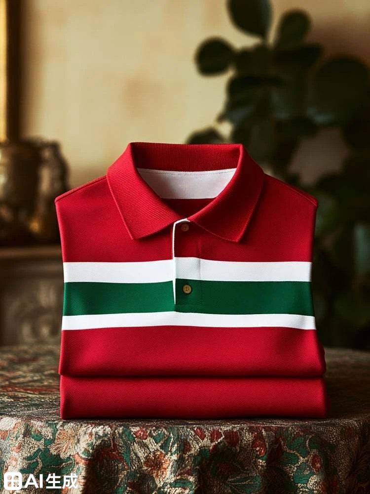 Men's Classic Business Check Logo Button Short Sleeve Polo Shirt