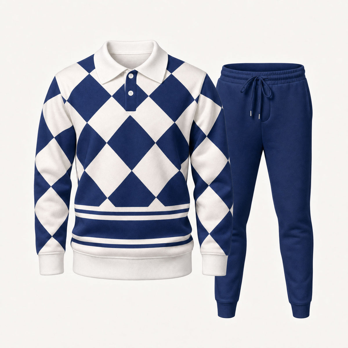 Men's Diamond-Patterned Polo Shirt and Pants Two-Piece Set