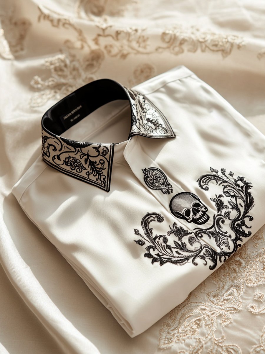 Men's Business Casual Floral Skull Lapel Short Sleeve Shirt