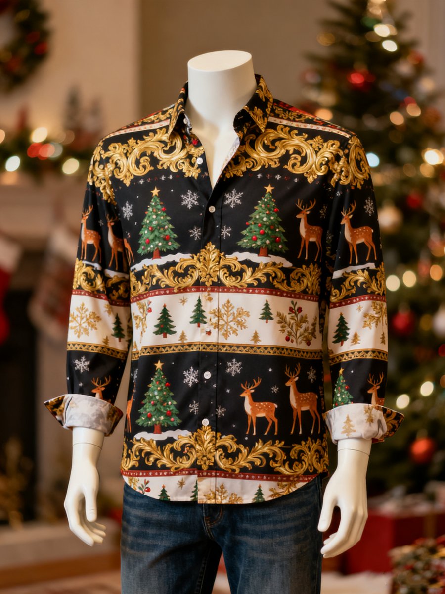 Men's Christmas Evergreen Reindeer Long-Sleeved Shirt