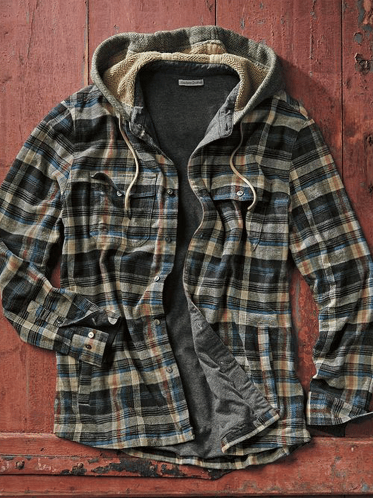 Men's Outdoor Vintage Zip Plaid Hooded Jacket