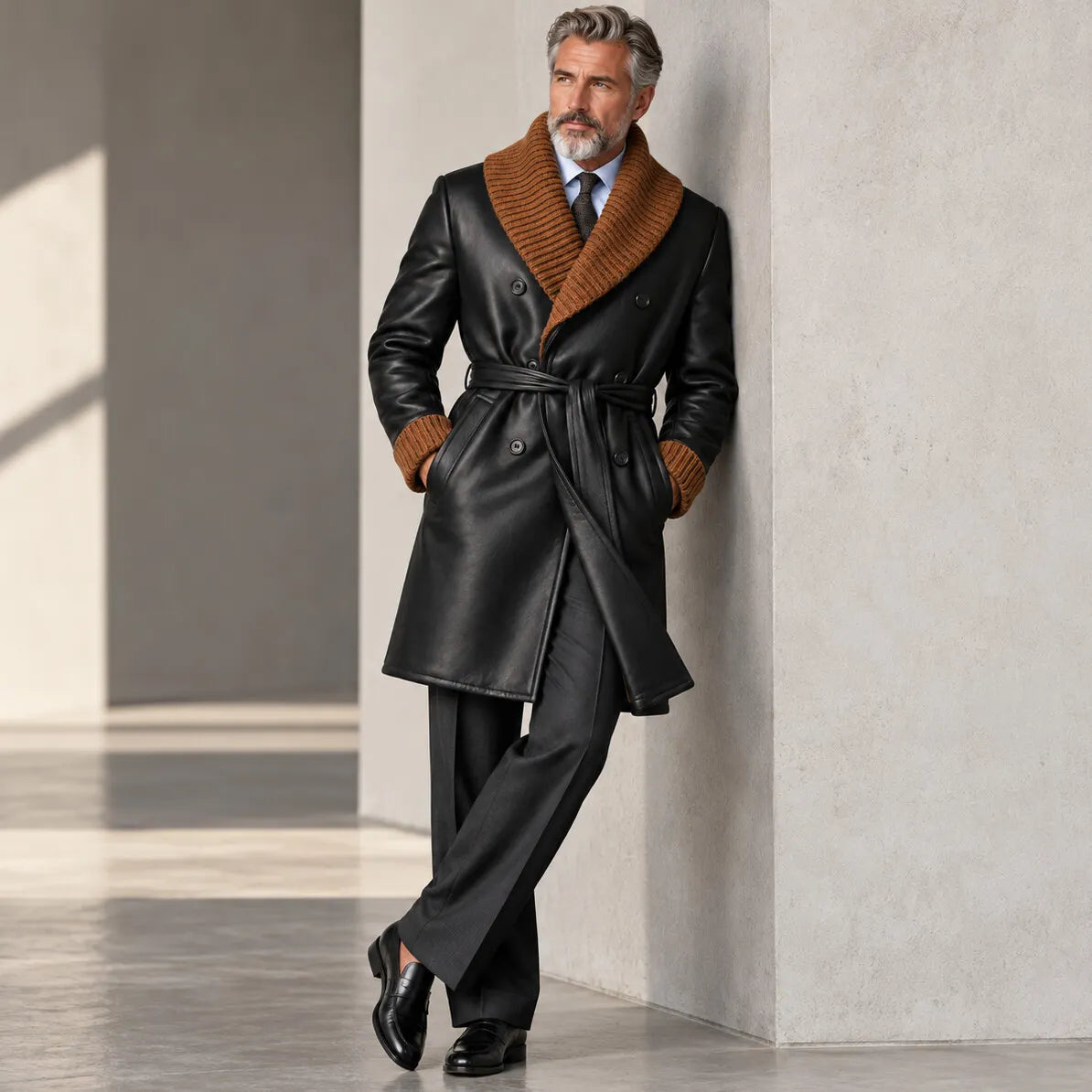 Men's Black Contrast Knit Shawl Lapel Double-Breasted Belted PU Leather Trench Coat