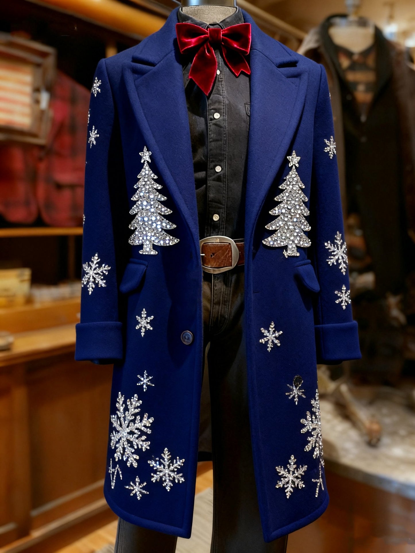Men's Business Reindeer Christmas Snowman Tree Snowflakes Santa Long Wool Coat