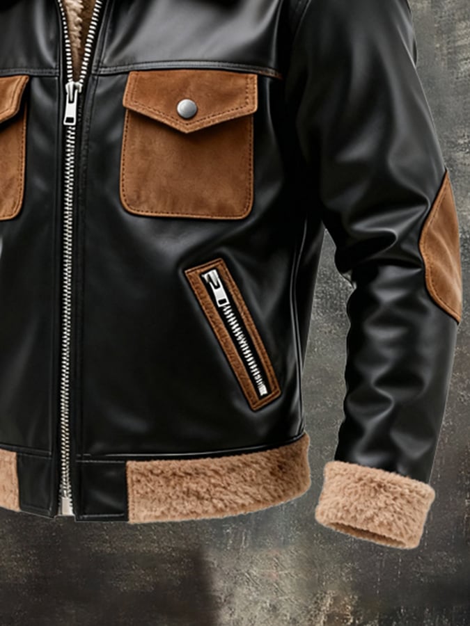Men'S Warm Plush Collar Stitching Contrast Color Soft Leather Jacket