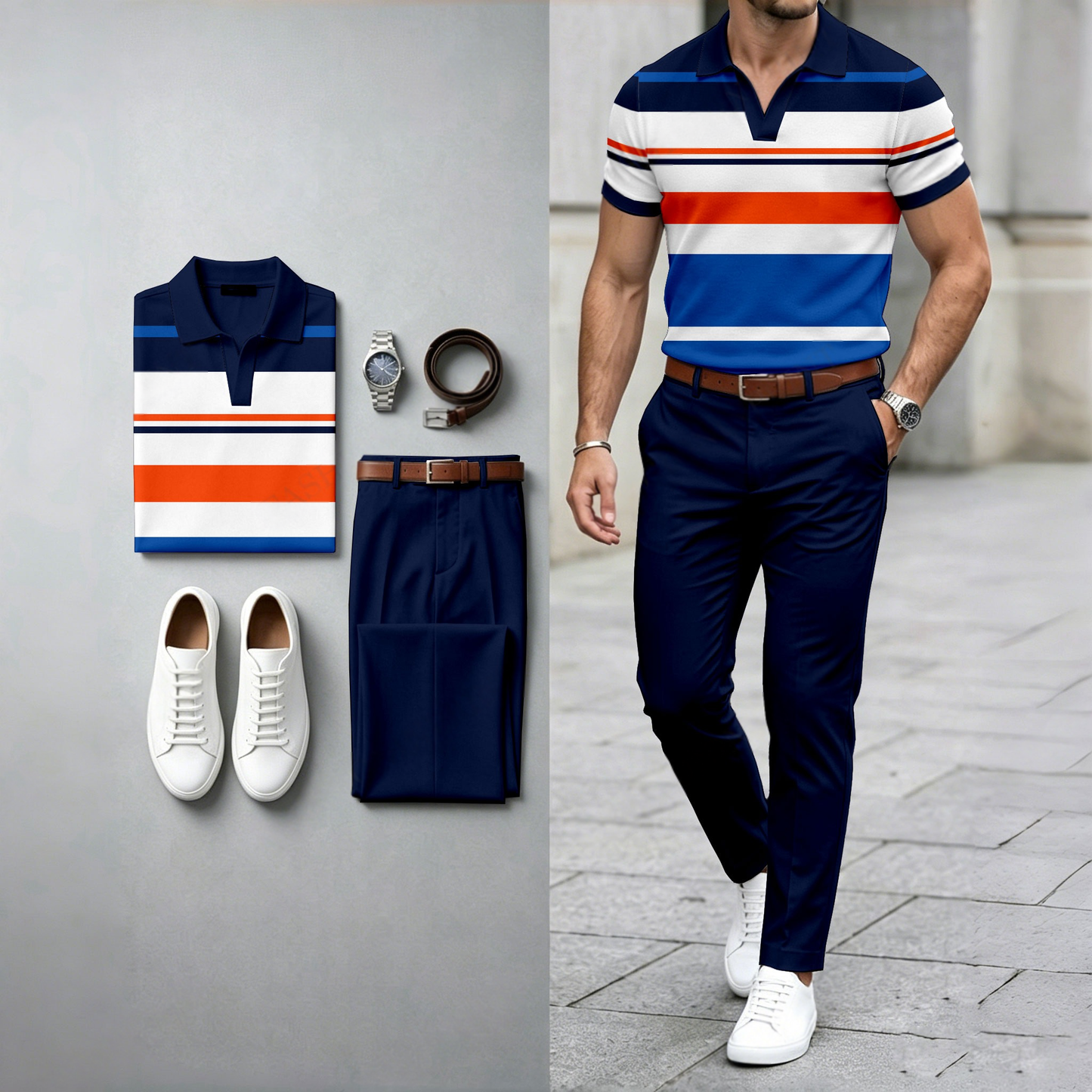 Men's Casual Horizontal Striped Two-Tone Print Short-Sleeve Polo Shirt And Pants Set (Watch And Belt Not Included)