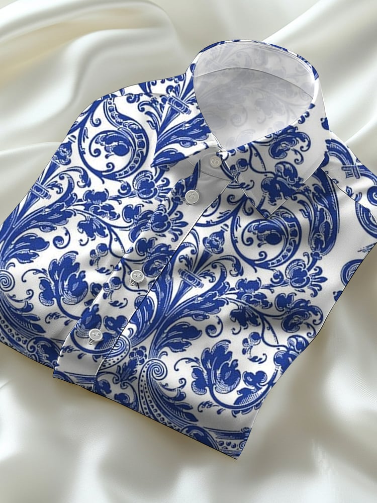 Men's Business Casual Blue Floral Lapel Short Sleeve Shirt