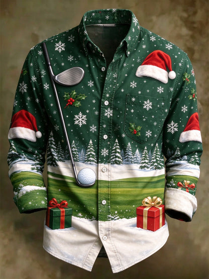 Men's Christmas Golf Theme Long Sleeve Button Up Holiday Shirt