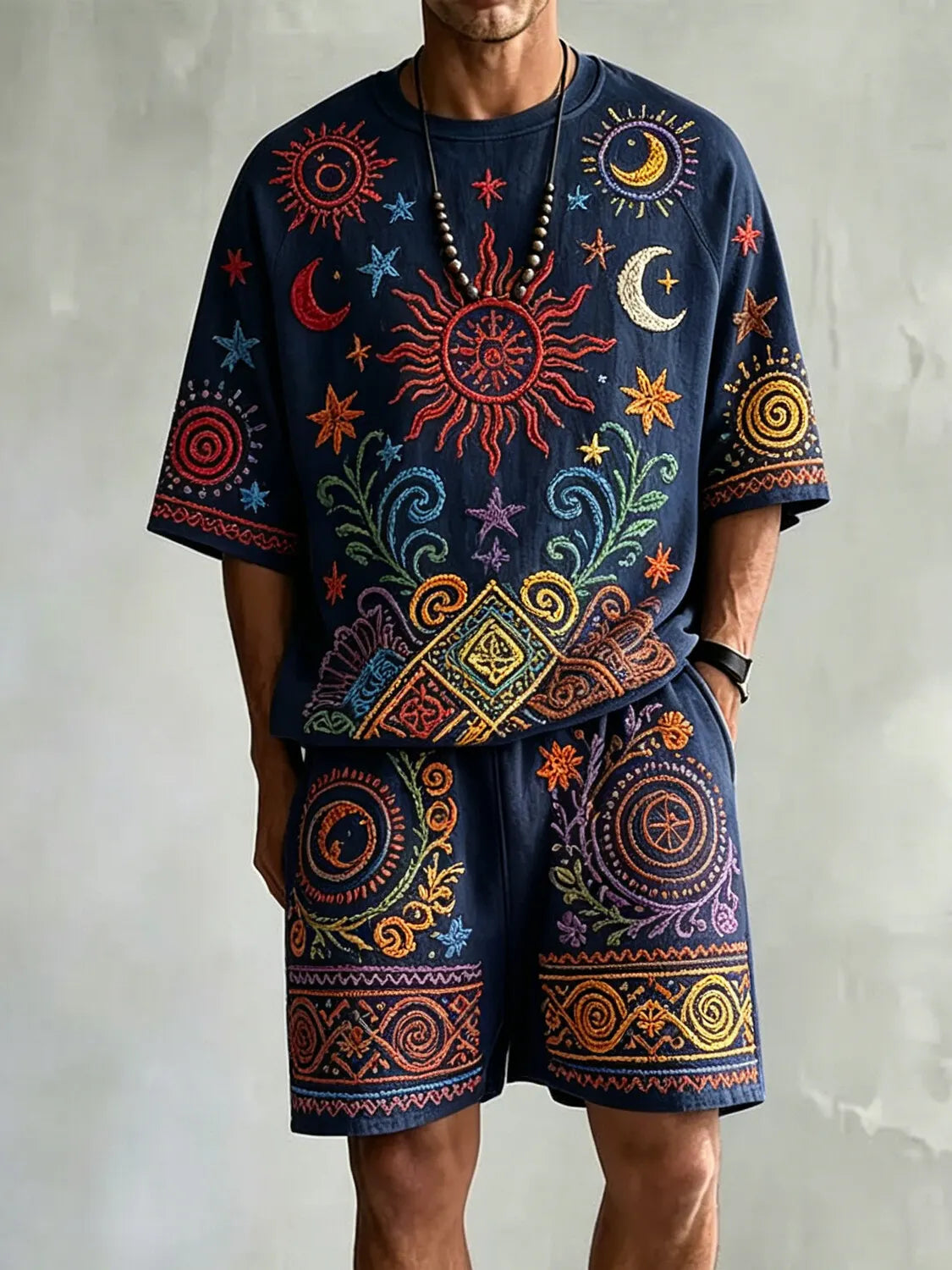 Men's Vintage Boho Sun and Moon Mysticism Print T-Shirt Shorts Set