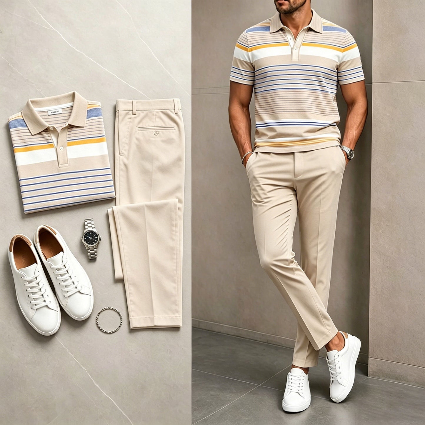 Men's Casual Khaki Stripes Printed Polo Shirt And Pants Two-Piece Set