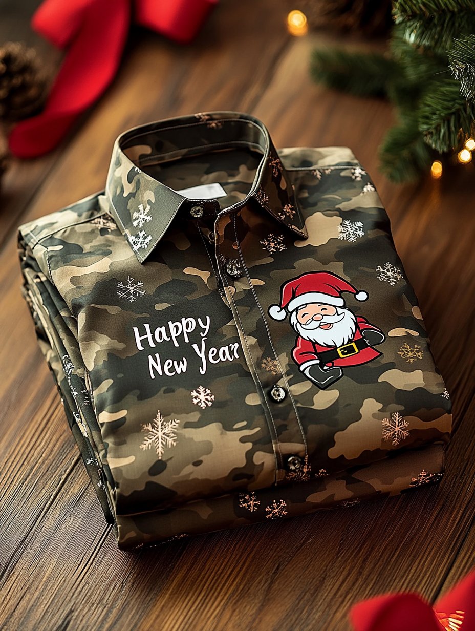 Men's Camouflage Christmas Merry Santa Claus Print Long-Sleeve Shirt