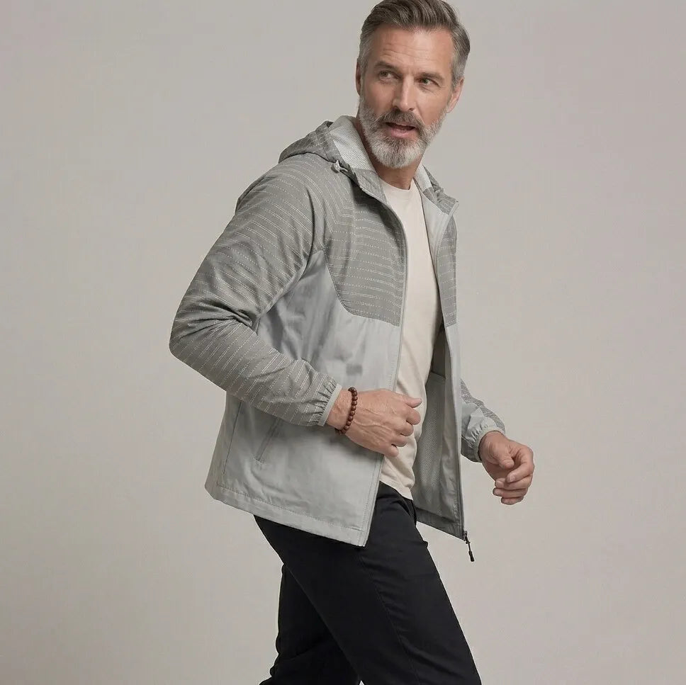 Men's Outdoor Stripe Pattern Zipper Slant Pocket Hooded Windproof Jacket