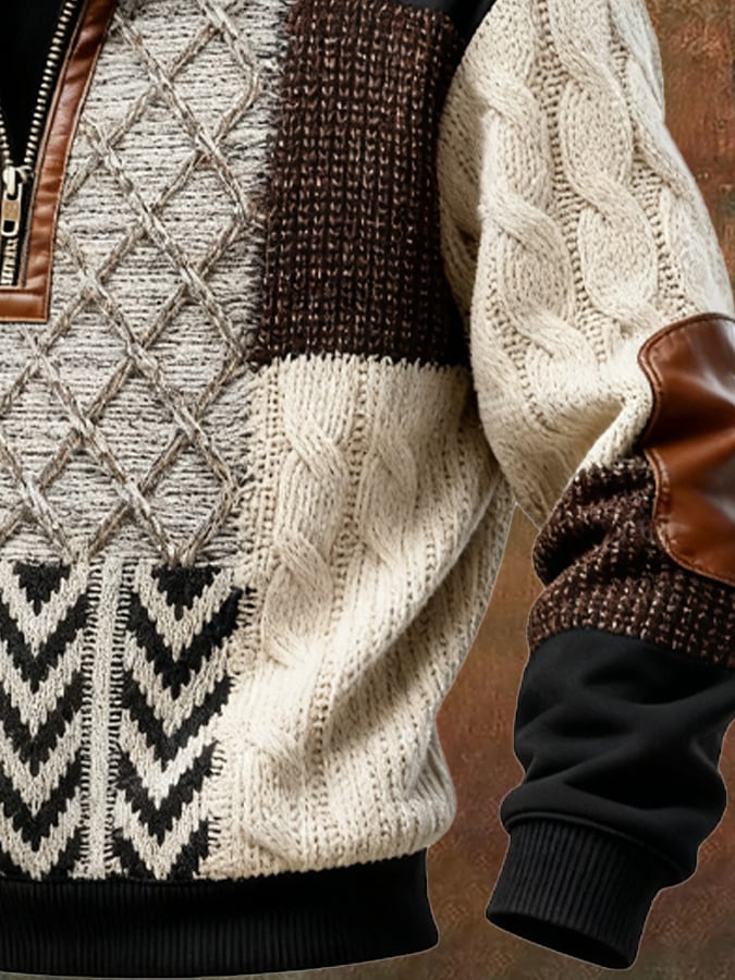Men's Retro Color Block Print Casual Fur Collar Sweatshirt