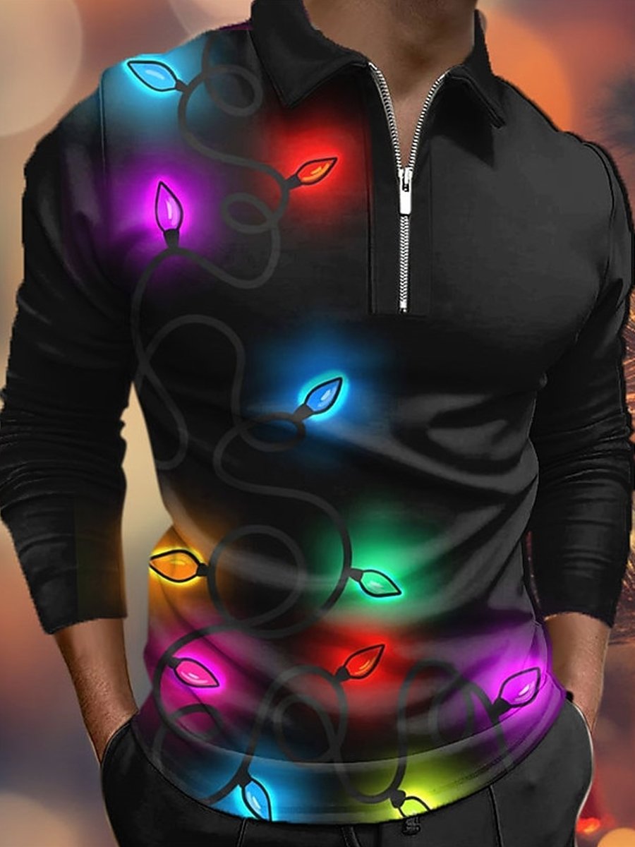 Christmas Men's Lantern Zipper Long-Sleeve Polo Shirt