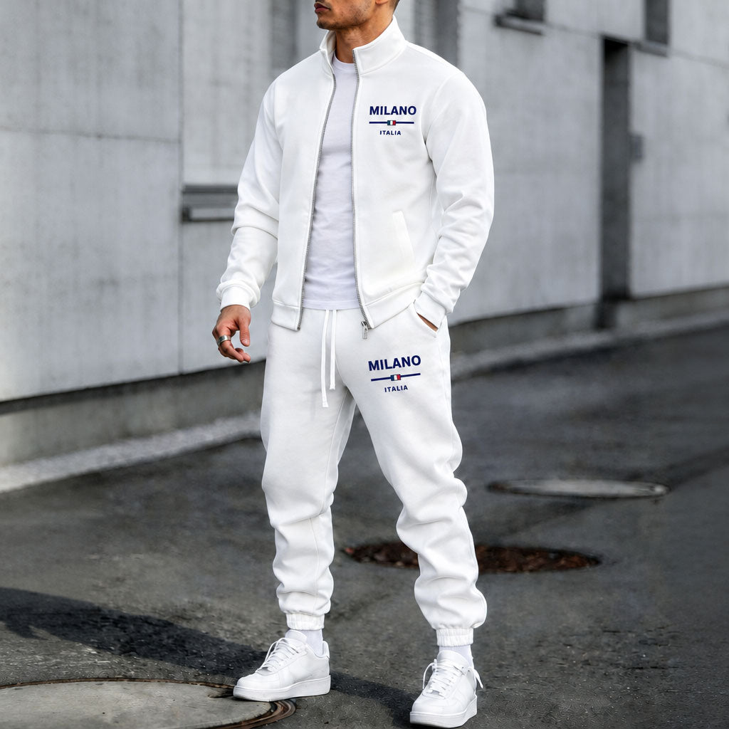 Men's White Stand-Up Collar Jacket and Pants Set