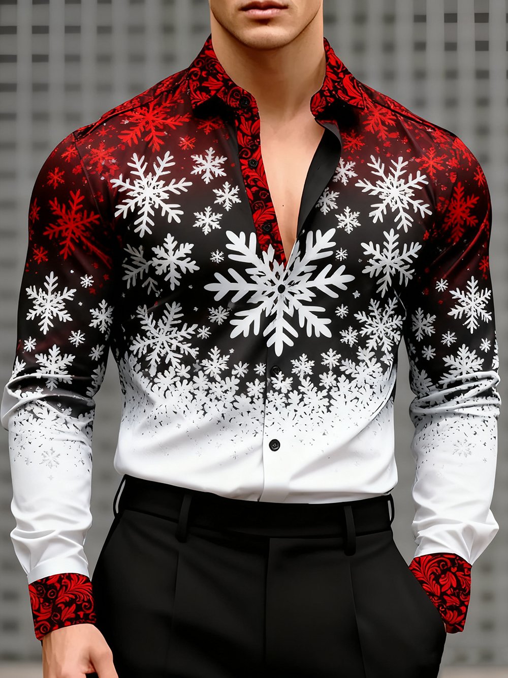 Men's Business Christmas Print Long-Sleeved Shirt