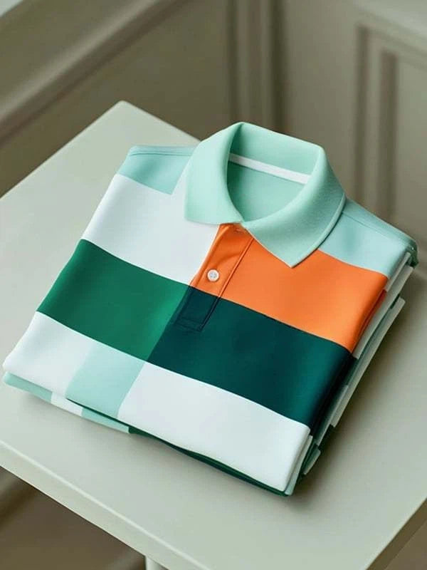 Men's Classic Business Contrast Check Logo Button Short Sleeve Polo Shirt
