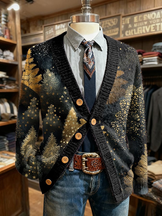 Men's Retro Christmas Print Cardigan