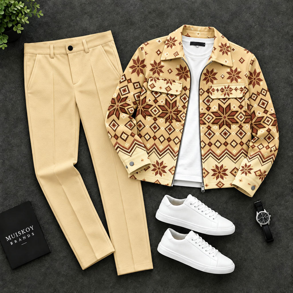 Men's Two-Piece Set: Geometric-Print Lapel Jacket and Pants