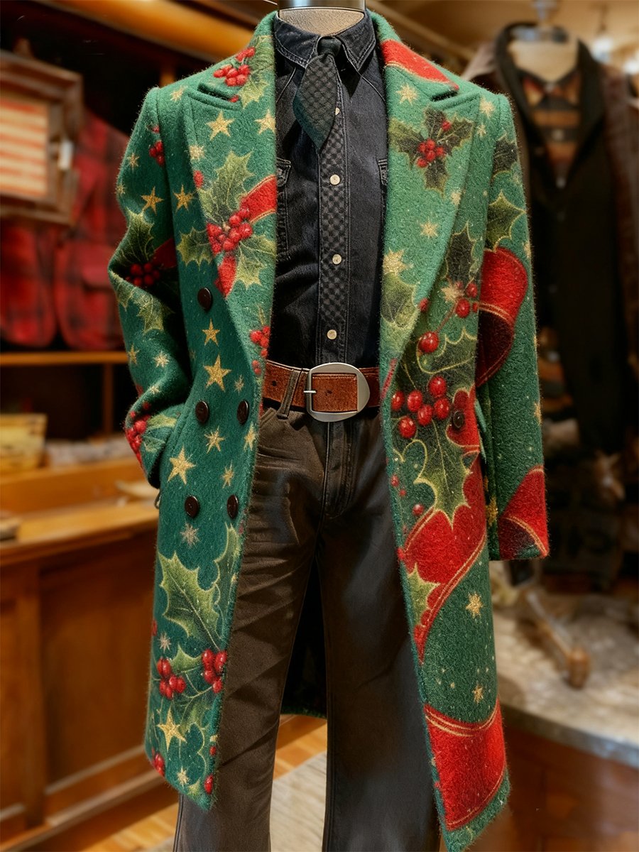 Men's Business Christmas Holly Long Wool Coat