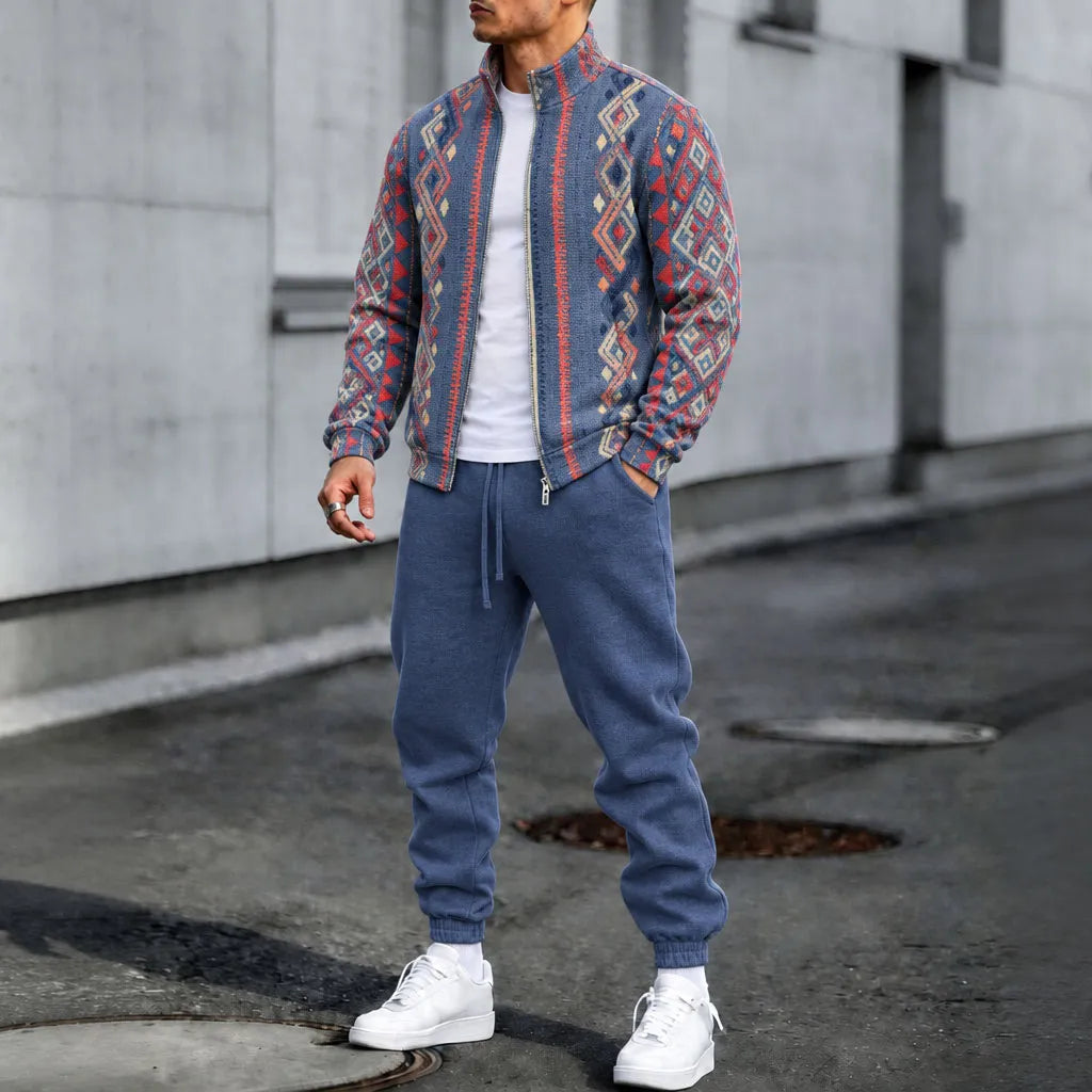 Men's Diamond-Quilted Stand-Up Collar Jacket and Pants Set