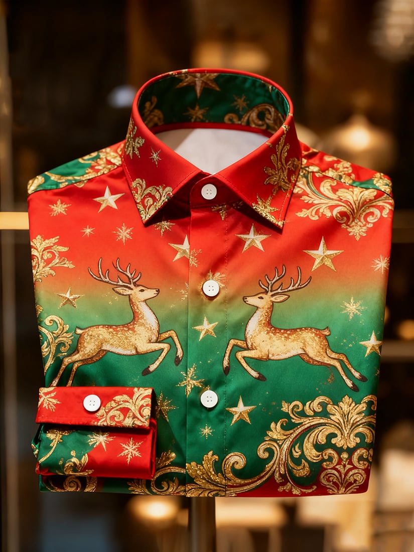 Men's Christmas Holiday Button-Down Long Sleeve Shirt