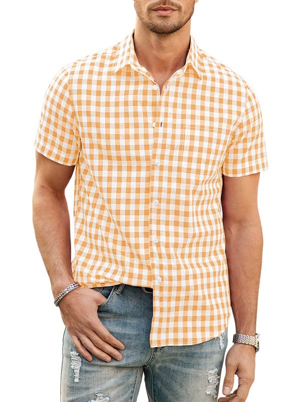 JMIERR Mens Casual Button Down Shirts Short Sleeve 100% Cotton Plaid Shirts for Men