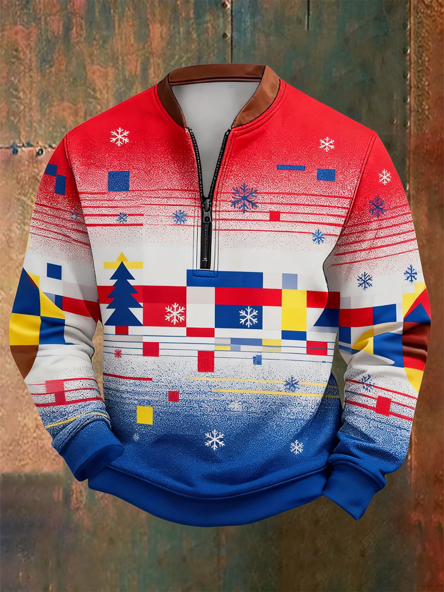 Men's Retro Christmas Bauhaus Geometric Style Print Quarter Zip Sweatshirt