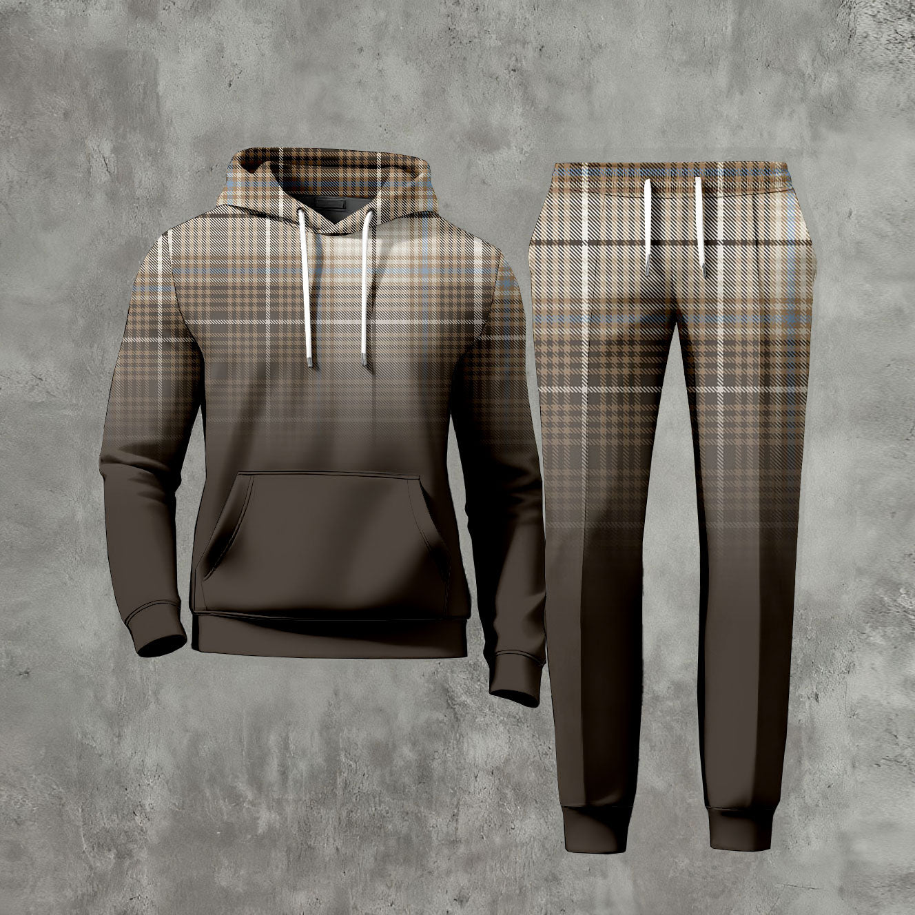 Men's Casual Gradient Checked Printed Long-Sleeve Hoodies Sweatshirt & Trousers Coffee Two-Piece Set
