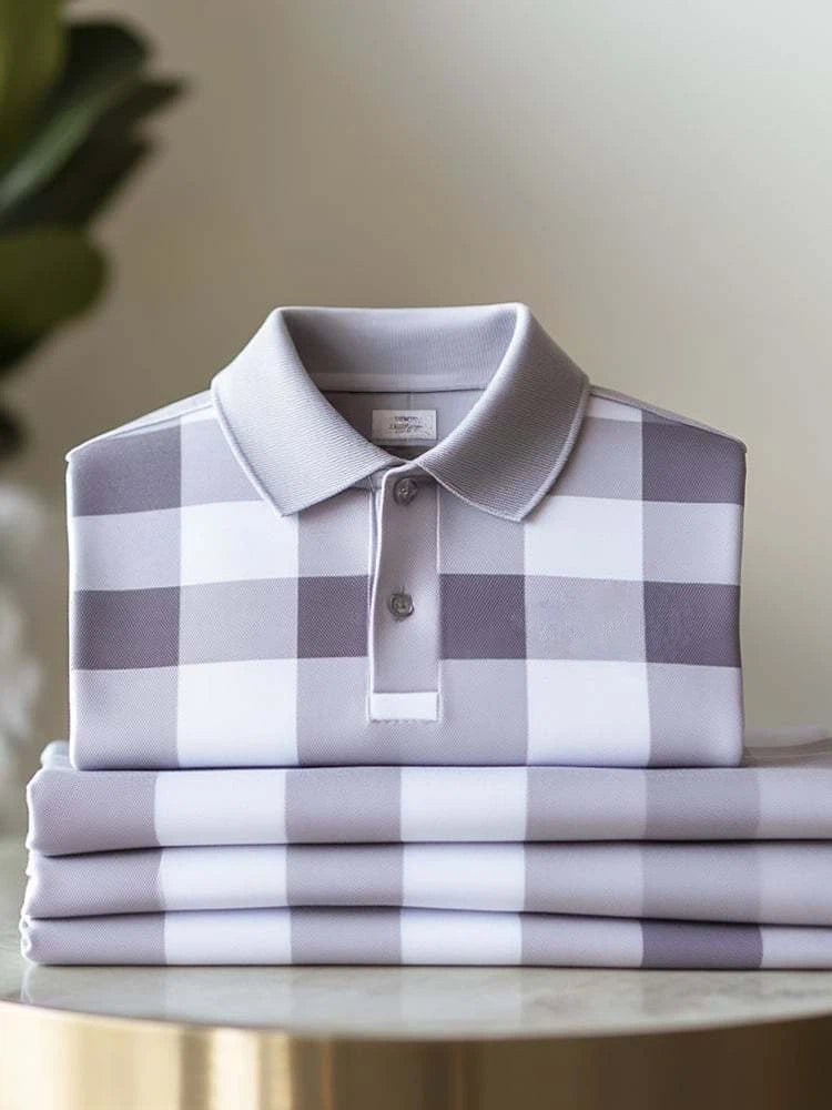 Men's Classic Business Check Logo Button Short Sleeve Polo Shirt