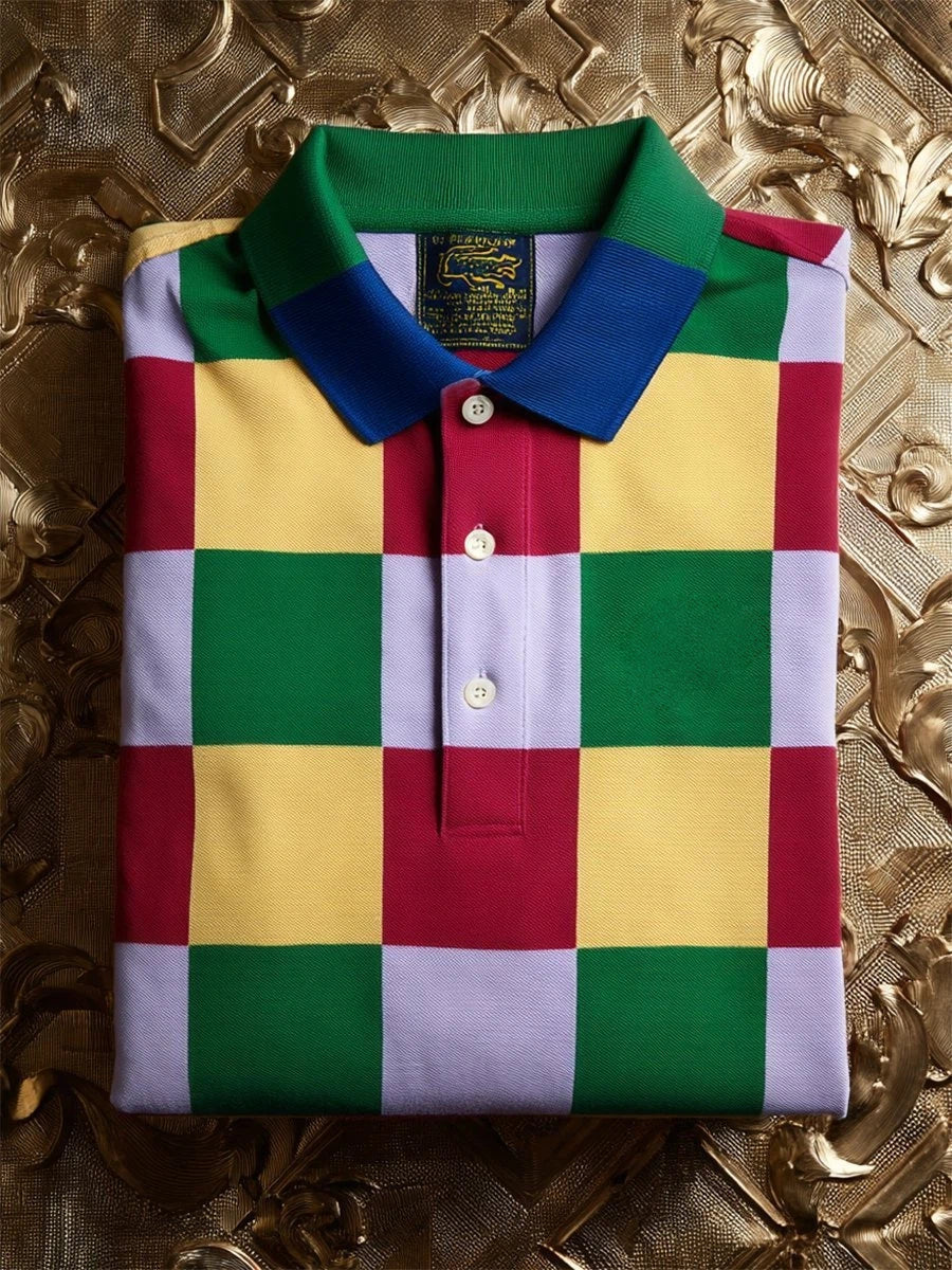 Men's Business Casual Geometric Plaid Art Button Short Sleeve Polo Shirt