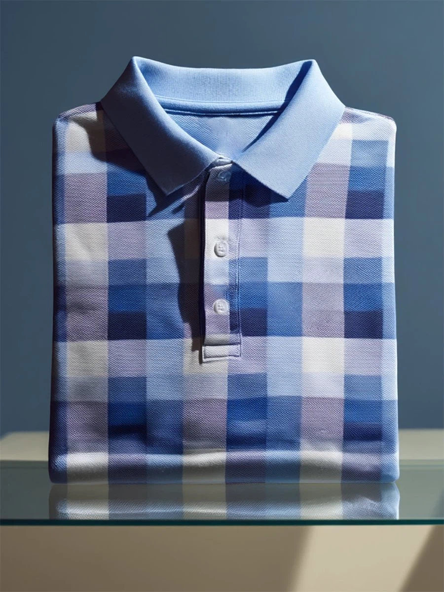 Men's Business Casual Geometric Plaid Art Button Short Sleeve Polo Shirt