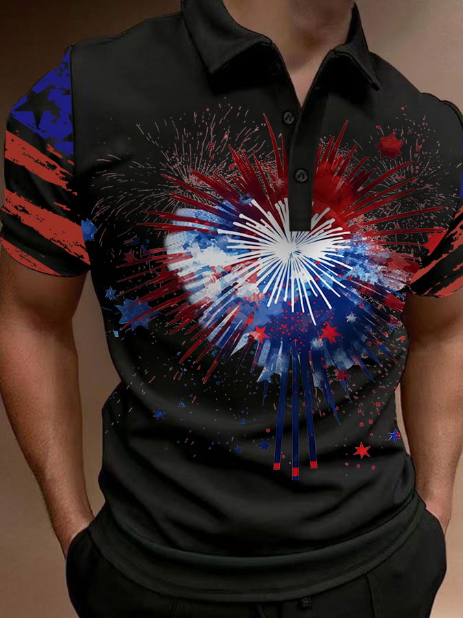 Men'S Fireworks Independence Day Print Polo Shirt