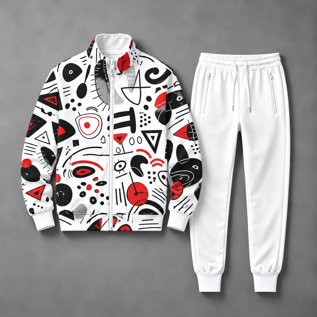 Men's Abstract Print Stand-Collar Sweatshirt and Pants Set