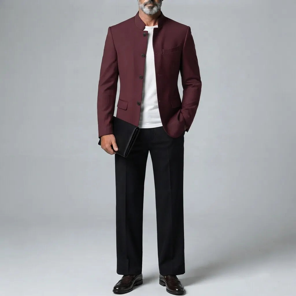 Men's Retro Solid Color Mandarin Collar Single-Breasted Jacket