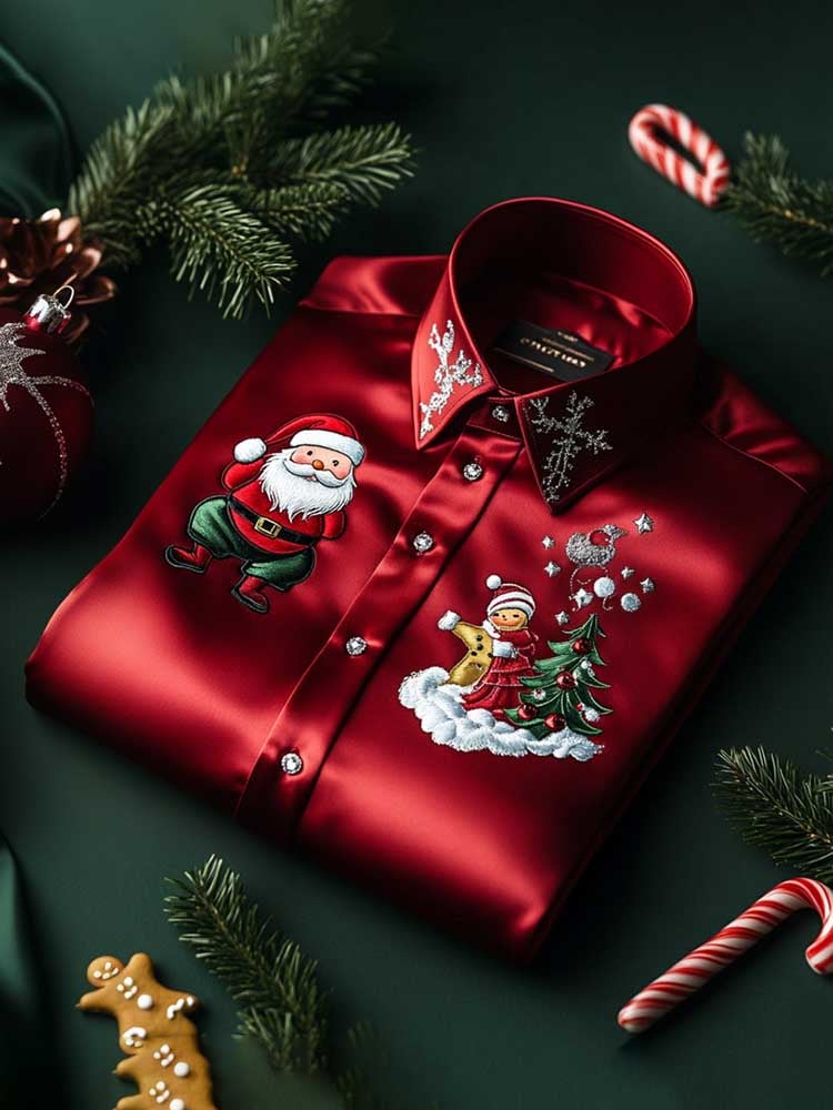 Men's Christmas Satin Luxe Long Sleeve Button Down Shirt