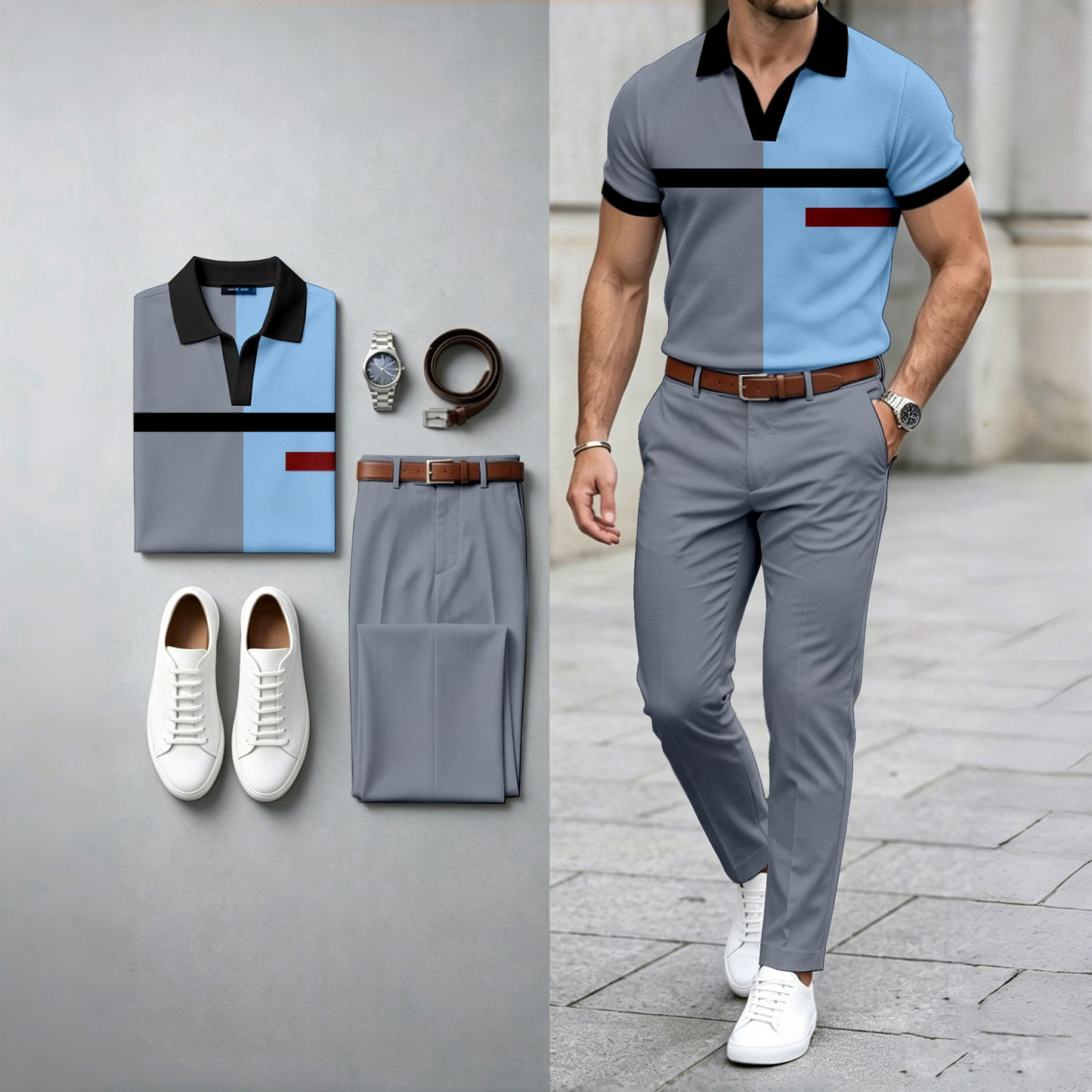 Men's Casual Color-Blocked Print Short-Sleeve Polo Shirt And Pants Two-Piece Set (Watch And Belt Not Included)