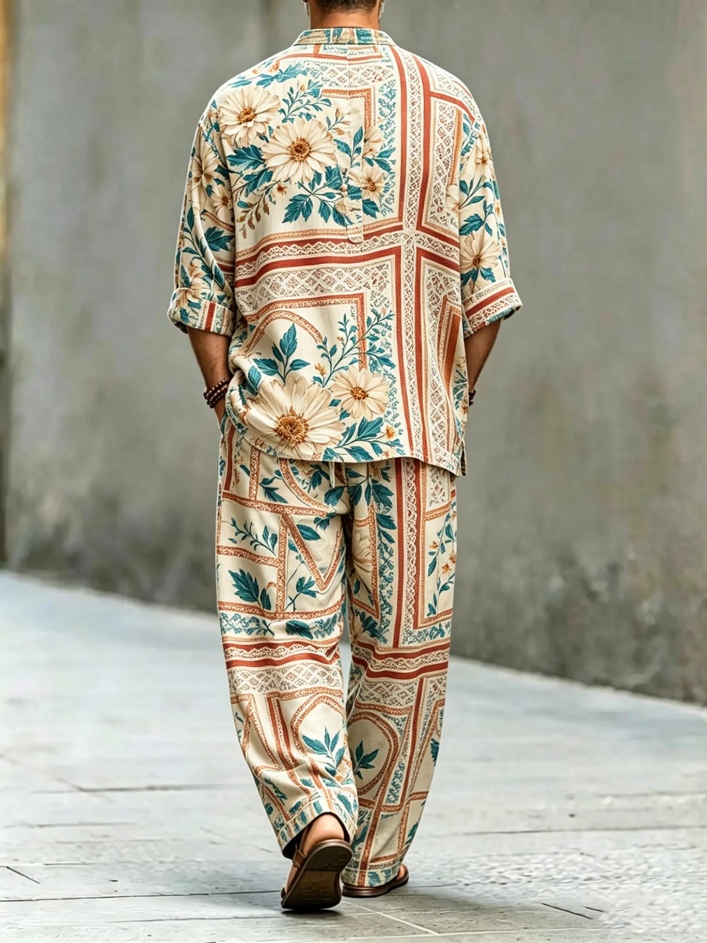 Men's Vintage Abstract Art Printed Cotton Shirt Set (Top & Pants)