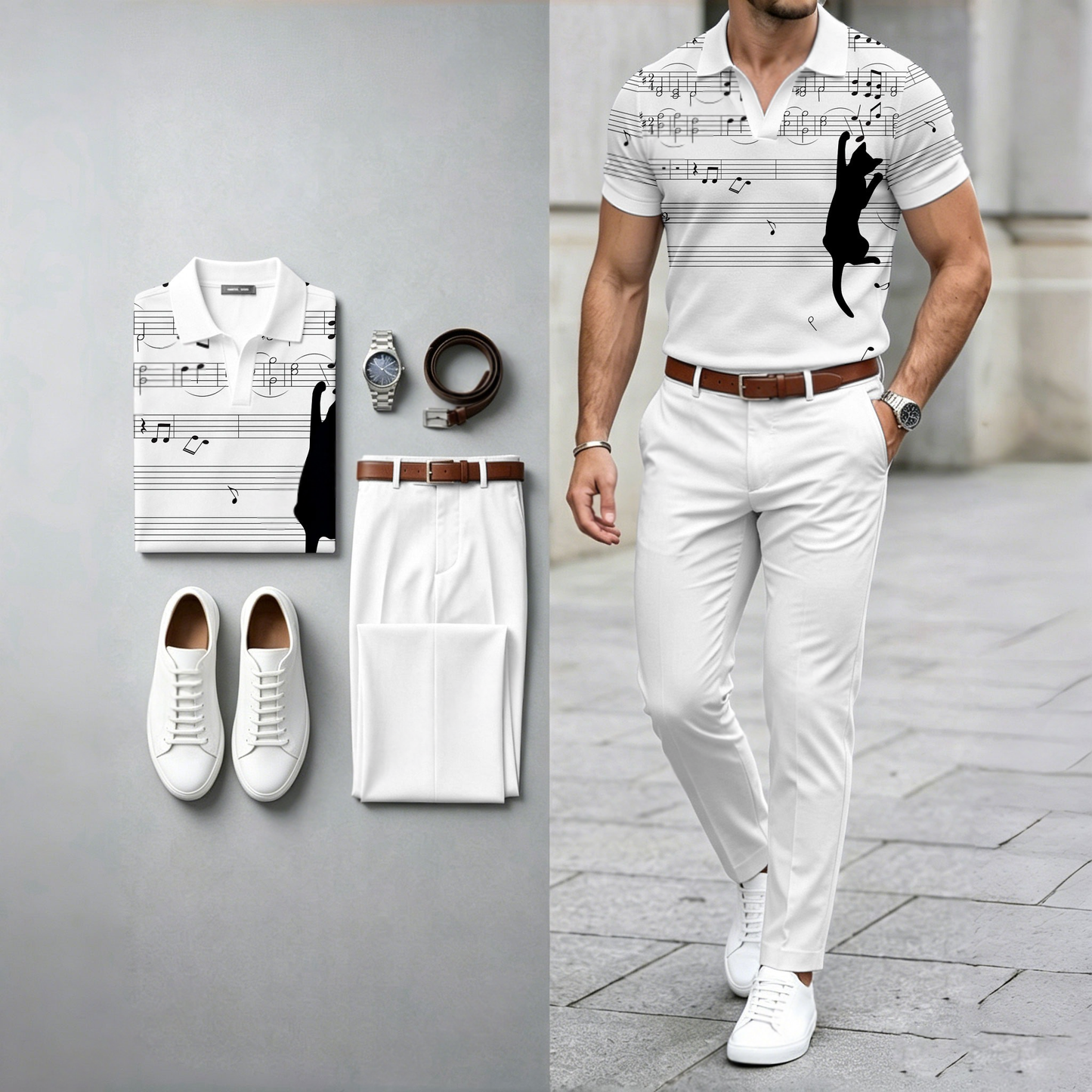 Men's Casual �Musical Notes� Cat-Print Short-Sleeve Polo Shirt And Pants Two-Piece Set (Watch And Belt Not Included)