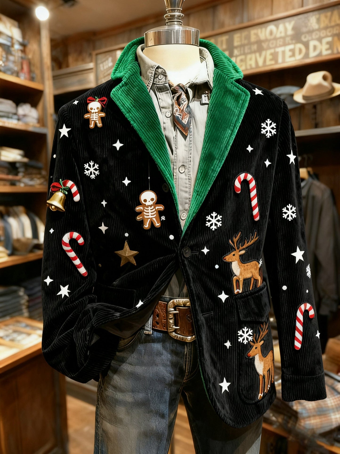 Men's Christmas Bow Casual Print Large Pocket Blazers