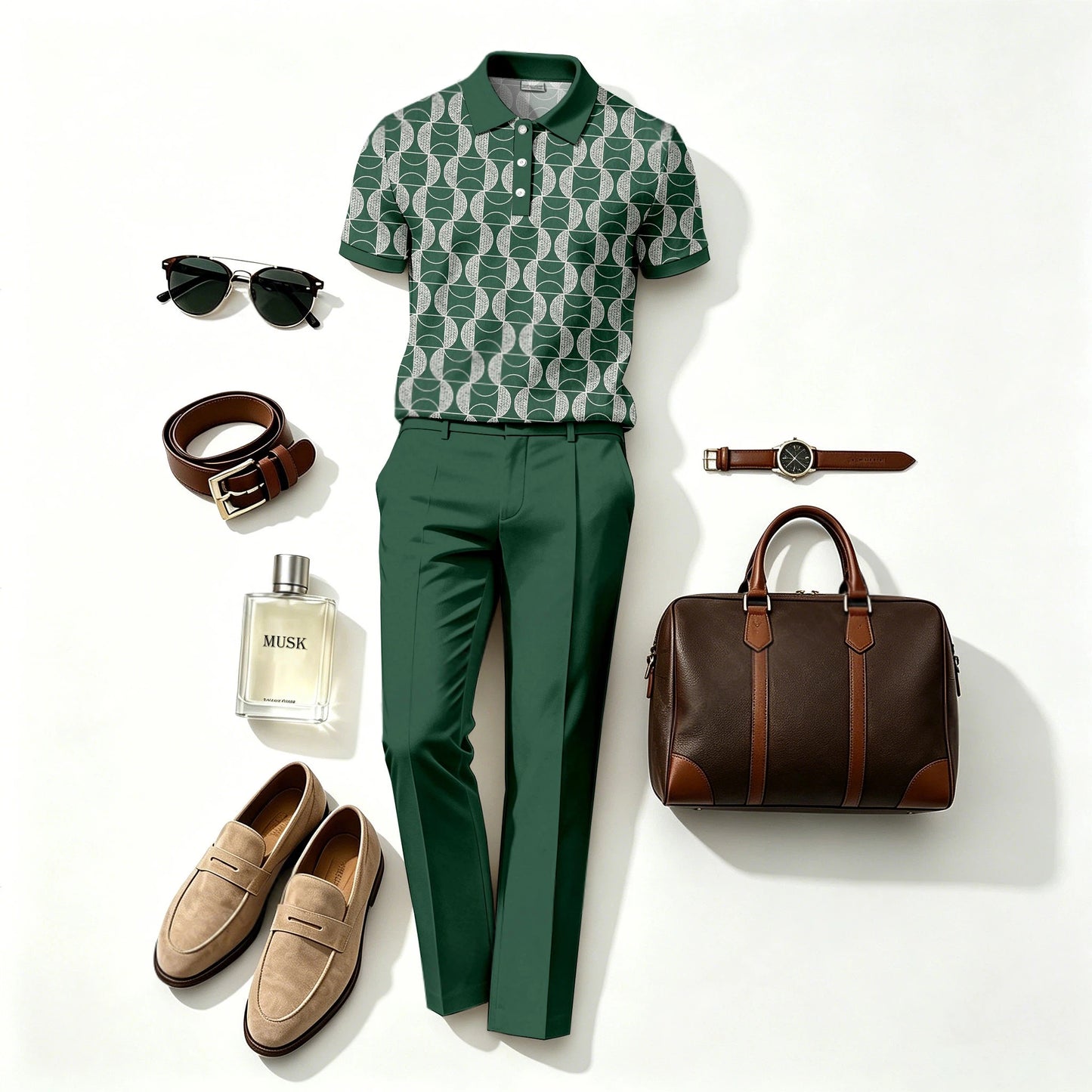 Men's Casual Dark Green Printed Polo Shirt And Pants Two-Piece Set