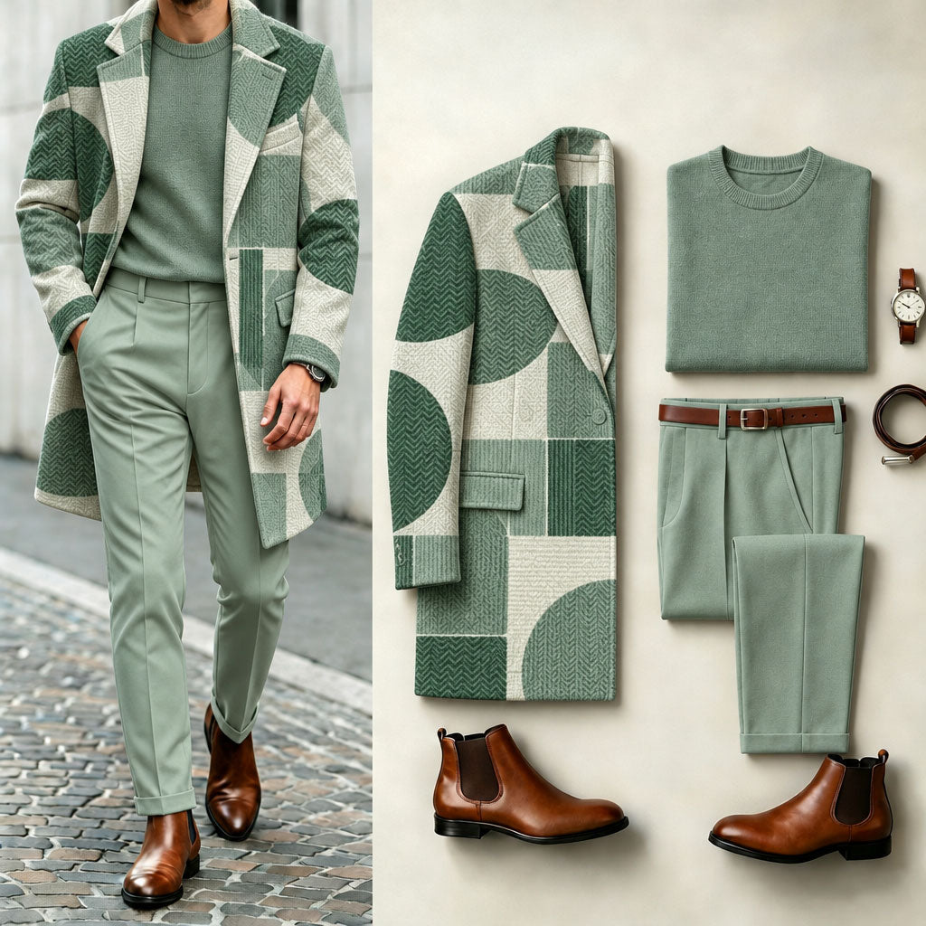 Men's Green Geometric Print Suit Set: Jacket, Knit Sweater, and Pants