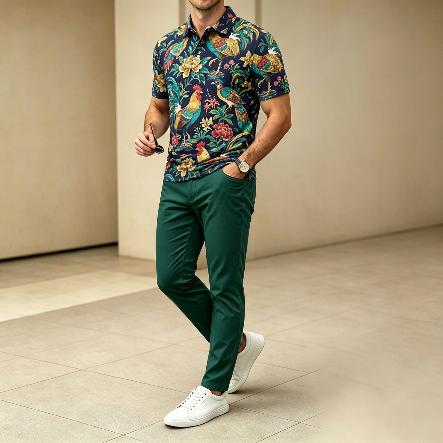 Men's Casual Green Rooster Printed Polo Shirt And Pants Two-Piece Set