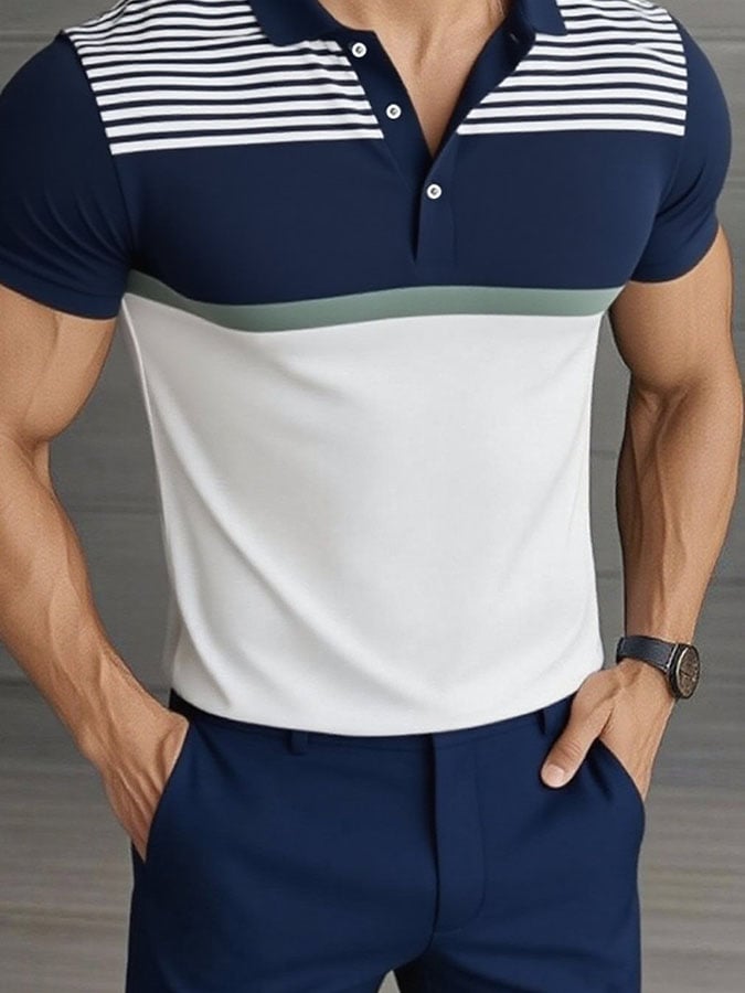 Men'S Casual Classic Striped Print Business Short-Sleeved Polo Shirt
